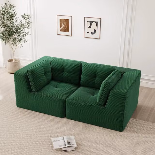 Divano angolare modulare WISHDOR rivestito in velluto a coste verde con seduta in schiuma e design moderno a forma di L