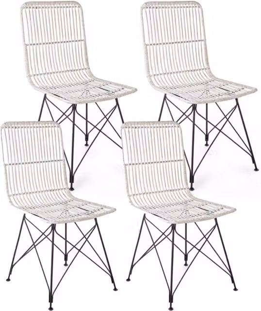 Set 4 Sedie 45x55x85 cm Metal Rattan in Fibre Naturali Bianco