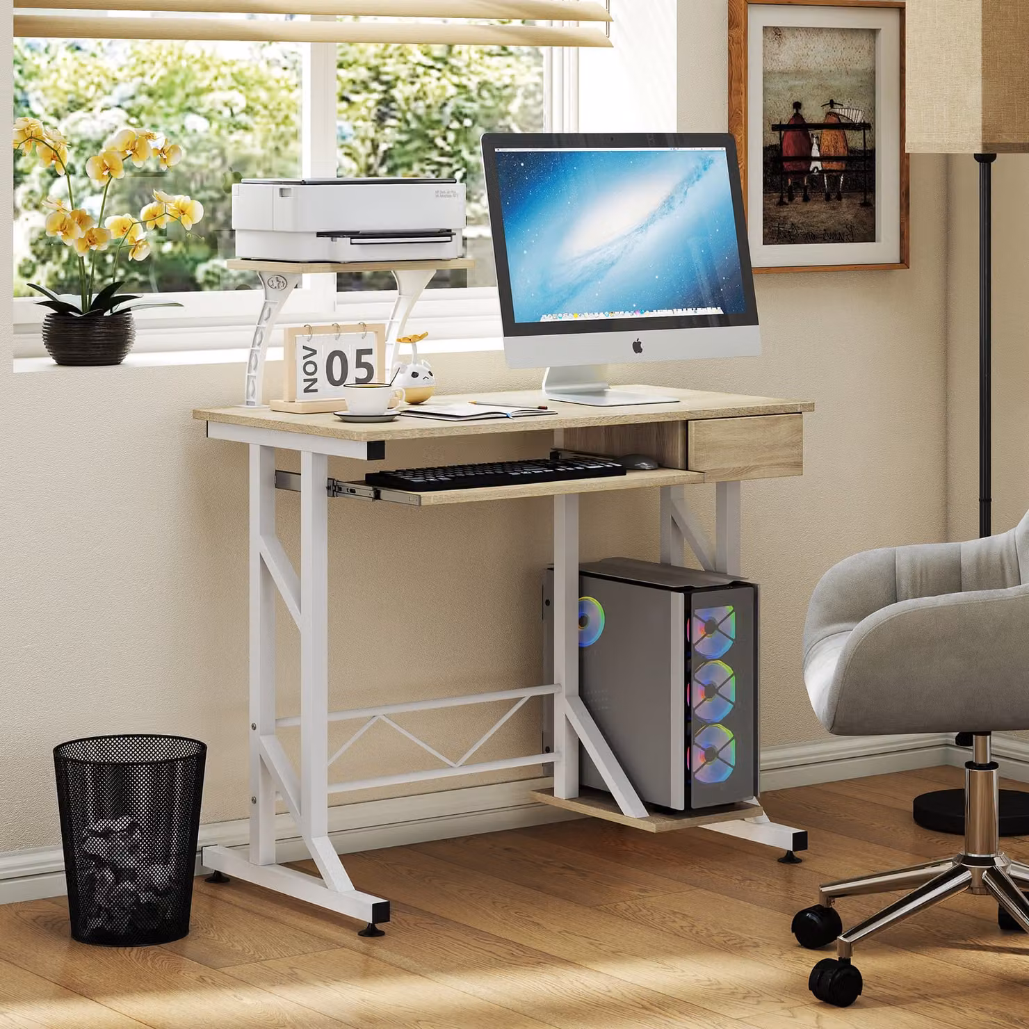 Scrivania per computer HOMCOM con vassoio tastiera e cassetto, rovere, L: 90 cm, P: 50 cm, H: 100 cm – 2