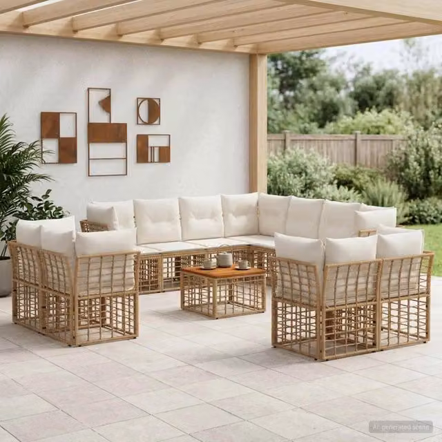 Set di divani da esterno 12 pz 11-Posti Naturale e Bianco Crema 3437608