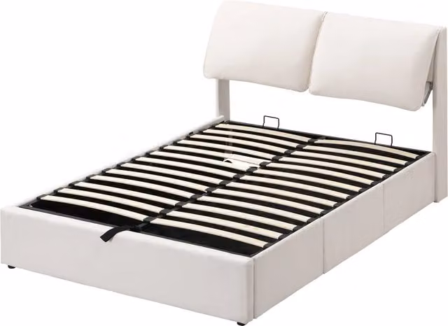 Letto imbottito 140x200 cm con contenitore idraulico, 3 cassetti, rete a doghe con testiera in velluto beige, senza materasso