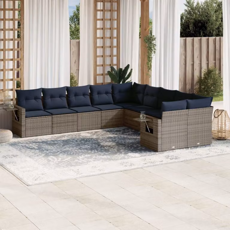 Set di divani da giardino vidaXL in polyrattan grigio con 10 pezzi e cuscini imbottiti