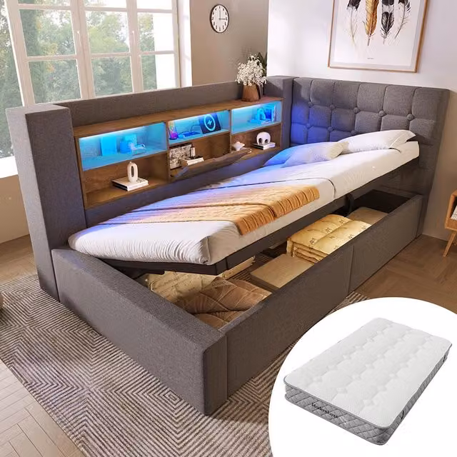 Letto imbottito-Xylo-90x200cm LED idraulico testiera a L lino grigio con materasso