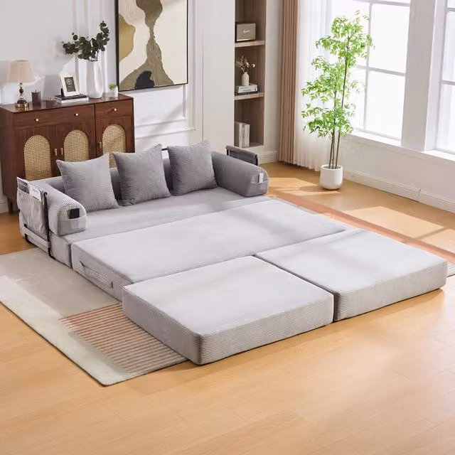 Divano modulare a L in velluto a coste WISHDOR con pouf e 3 cuscini, struttura in metallo, colore grigio, L/P/H: 200 x 167 x 67 cm