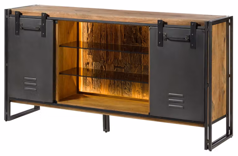 MASSIVMOEBEL24 | Credenza in legno di Mango / Legno riciclato 180x45x90 Laccato naturale / ferro grigio BLACKBURN LUX #552