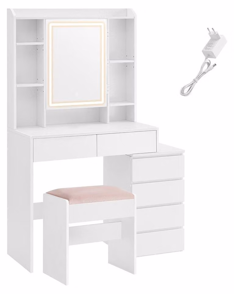 Set da trucco con sgabello – Comò da trucco – Pannello di truciolato – Bianco nuvola – 40 x 97,5 x 145 cm