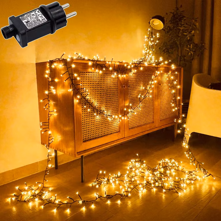 Catena luminosa da 12 metri, con 600 LED, luce bianco caldo, grado di protezione IP44, 8 modalità, timer