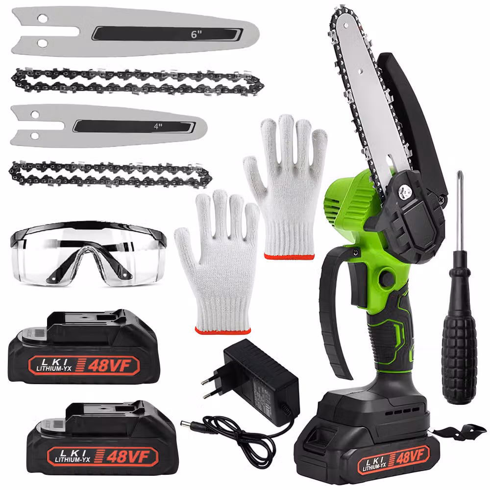 HDeye motosega a batteria senza spazzole con catena da 6" e 4", 2xaku 21, sega da potatura, con blocco della catena, per uso domestico e da giardino, verde