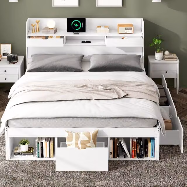Letto Multifunzione REDOM per Bambini in Pino e MDF Bianco con Cassetti, Ripiano Laterale e Porta USB, L/P: 140 x 200 cm – 1