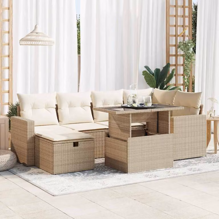 Set di divani da giardino vidaXL in polyrattan beige composto da 7 pezzi con cuscini e tavolino da esterno