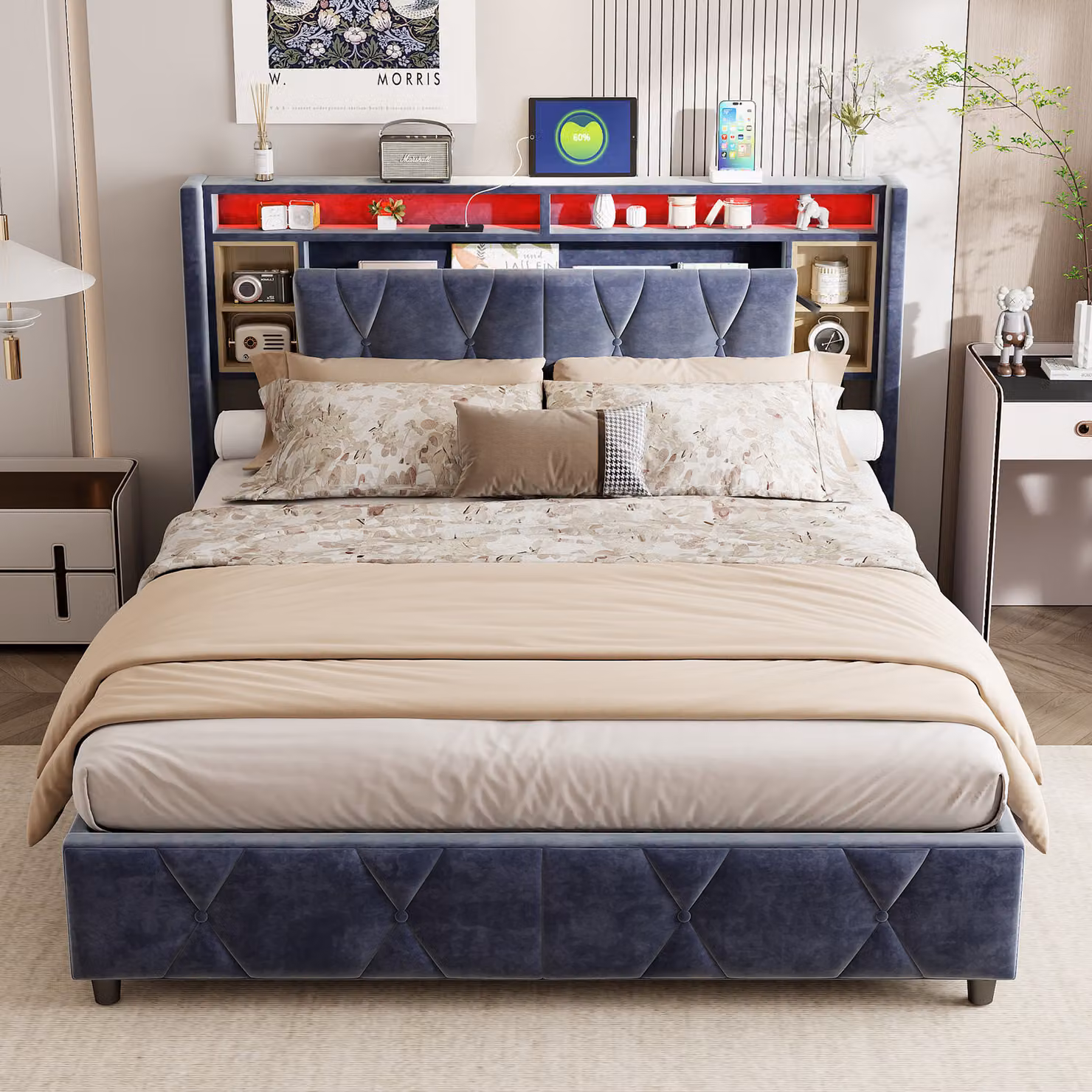Letto con contenitore, illuminazione a LED e connessione USB, letto imbottito 160 x 200 cm, rivestimento in velluto, rete a doghe in legno massiccio, grigio