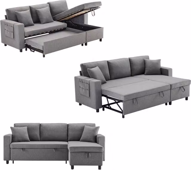 Divano letto angolare 3-4 posti in lino sintetico con chaise longue reversibile e spazio contenitore 219.5x142.5x83 cm