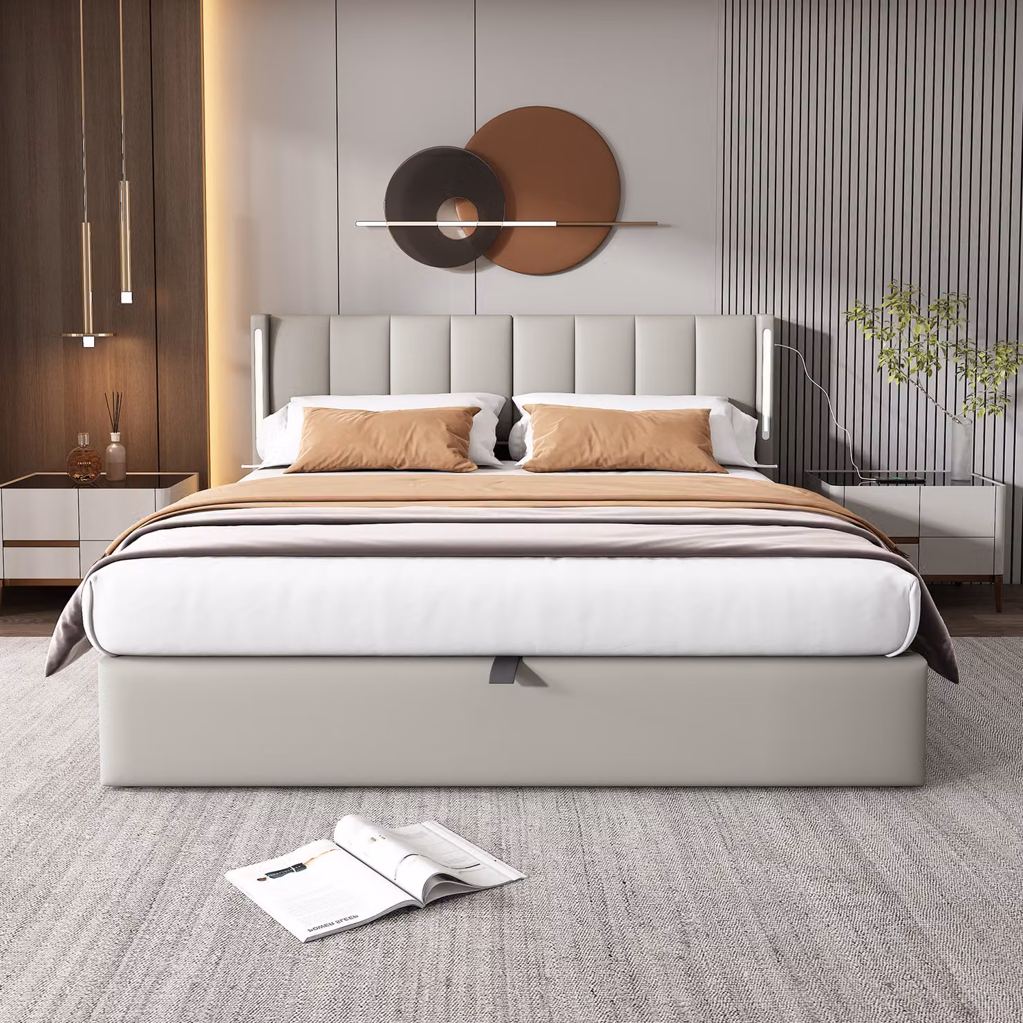 Letto boxspring MODFU idraulico 140 x 200 cm con retroilluminazione a LED, letto imbottito funzionale con porta di ricarica USB, letto matrimoniale con contenitore,Poliuretanogrigio (senza materasso)