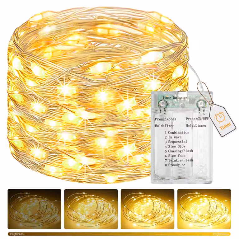 Catena luminosa da 5 metri, con 50 LED, luce bianco caldo, alimentazione a batteria, timer integrato, dimmerabile