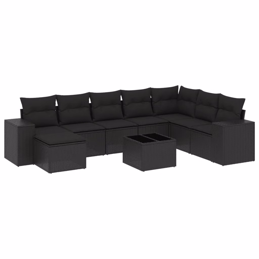 Set Divani da Giardino 9 pz con Cuscini Nero in Polyrattan