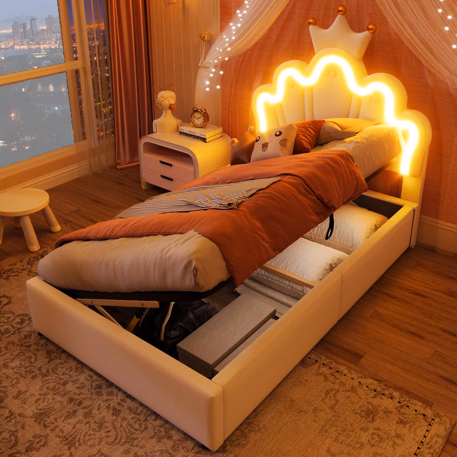 okwish Letto imbottito 90x200 con luce LED, letto per bambini con meccanismo idraulico, struttura letto con testata regolabile, senza materasso, Bianco