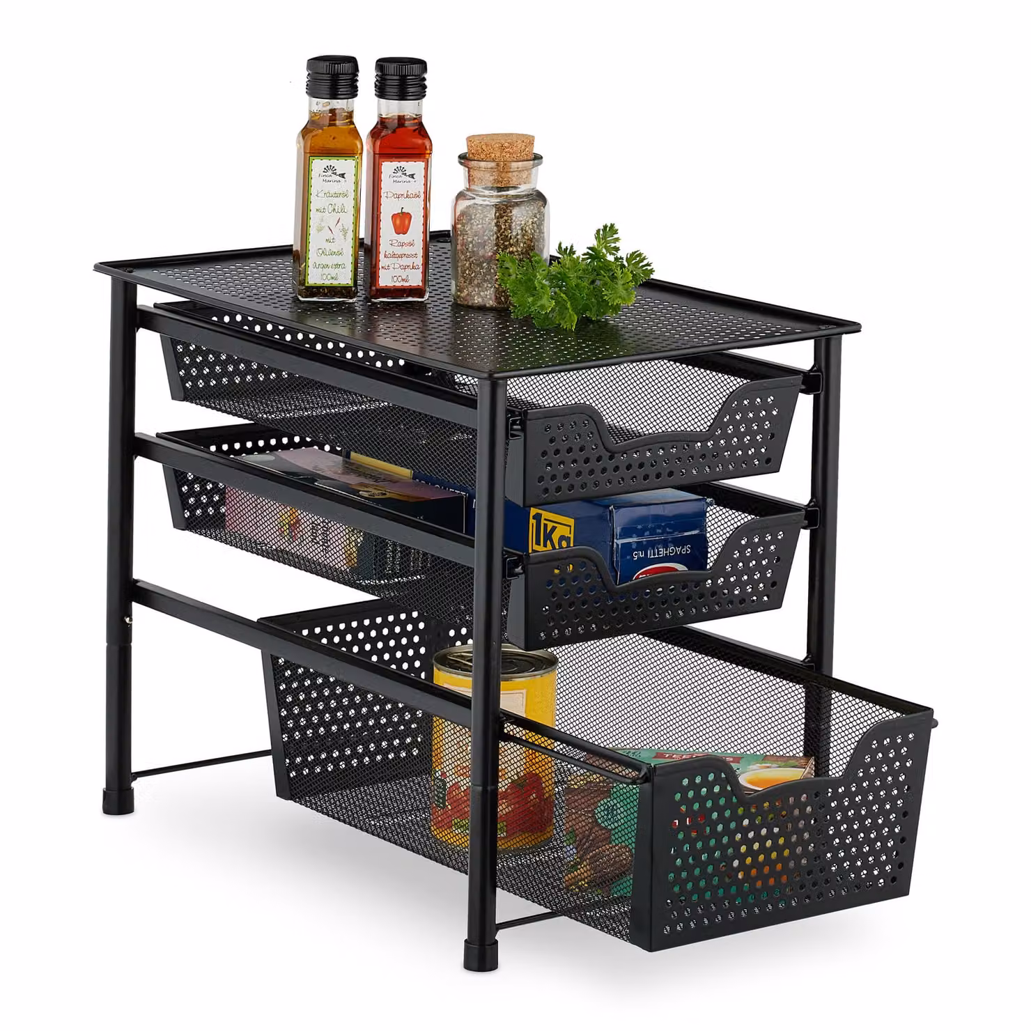 Scaffale a cassetti Relaxdays, organizer da ufficio impilabile, 3 cestelli estraibili, metallo, cucina, bagno, LxPxA: 35x28x42,5 cm, nero