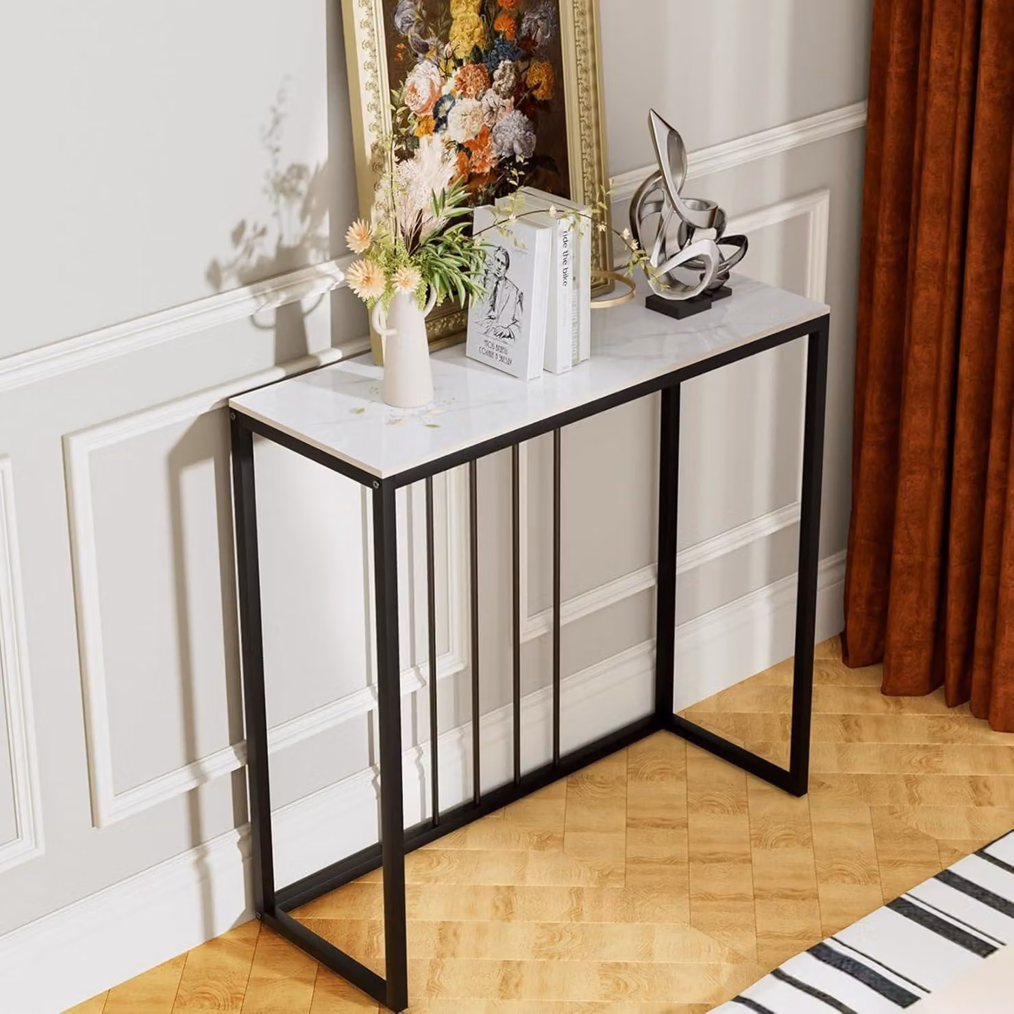 Tavolino laterale – Console – Tavolino di servizio – Tavolino di appoggio – Aspetto marmo – Struttura in metallo nera, dal design elegante