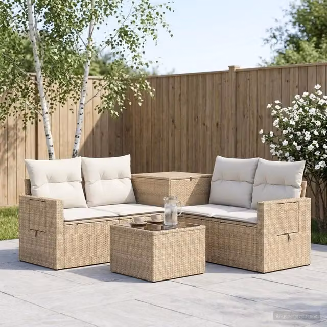 Set di divani da giardino a forma di L con tavolo da caffè vidaXL, 6 pezzi, Beige e Bianco Crema