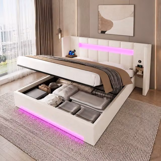 Letto 160x200 cm in velluto beige con LED, USB, contenitore idraulico e armadietti