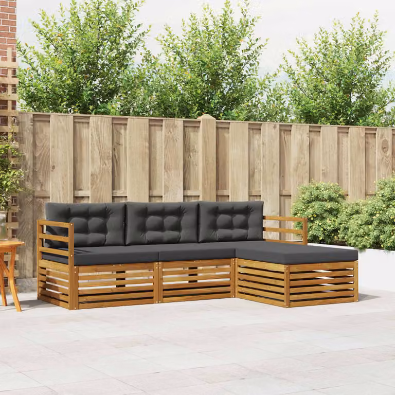 vidaXL Set di divani da esterno a L in legno di acacia con cuscini, beige e antracite