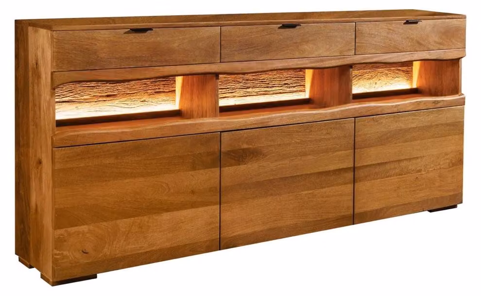 Credenza TAKARA da 180 cm in legno massello di mango verniciato – 3 ante, 3 vani a giorno, 3 cassetti e illuminazione a LED