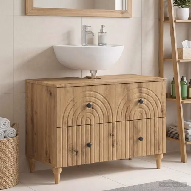 Armadio per lavabo da bagno moderno vidaXL in legno e metallo color rovere e nero con ante e cassetti L/P/H: 82 x 41 x 59 cm