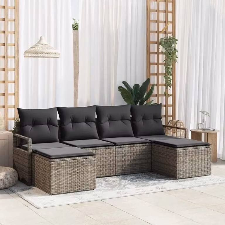 Set di divani da giardino vidaXL a forma di L composto da 6 pezzi in rattan con cuscini grigi e struttura in acciaio verniciato a polvere
