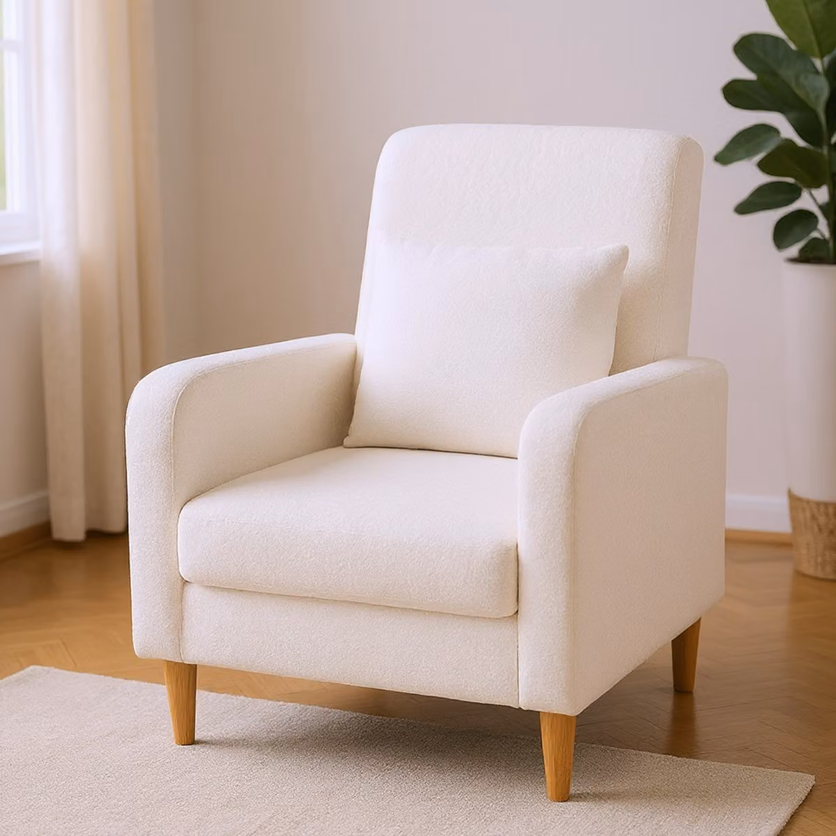 Poltrona accent Costway in pile teddy bianco con cuscino lombare e struttura in legno massiccio per soggiorno
