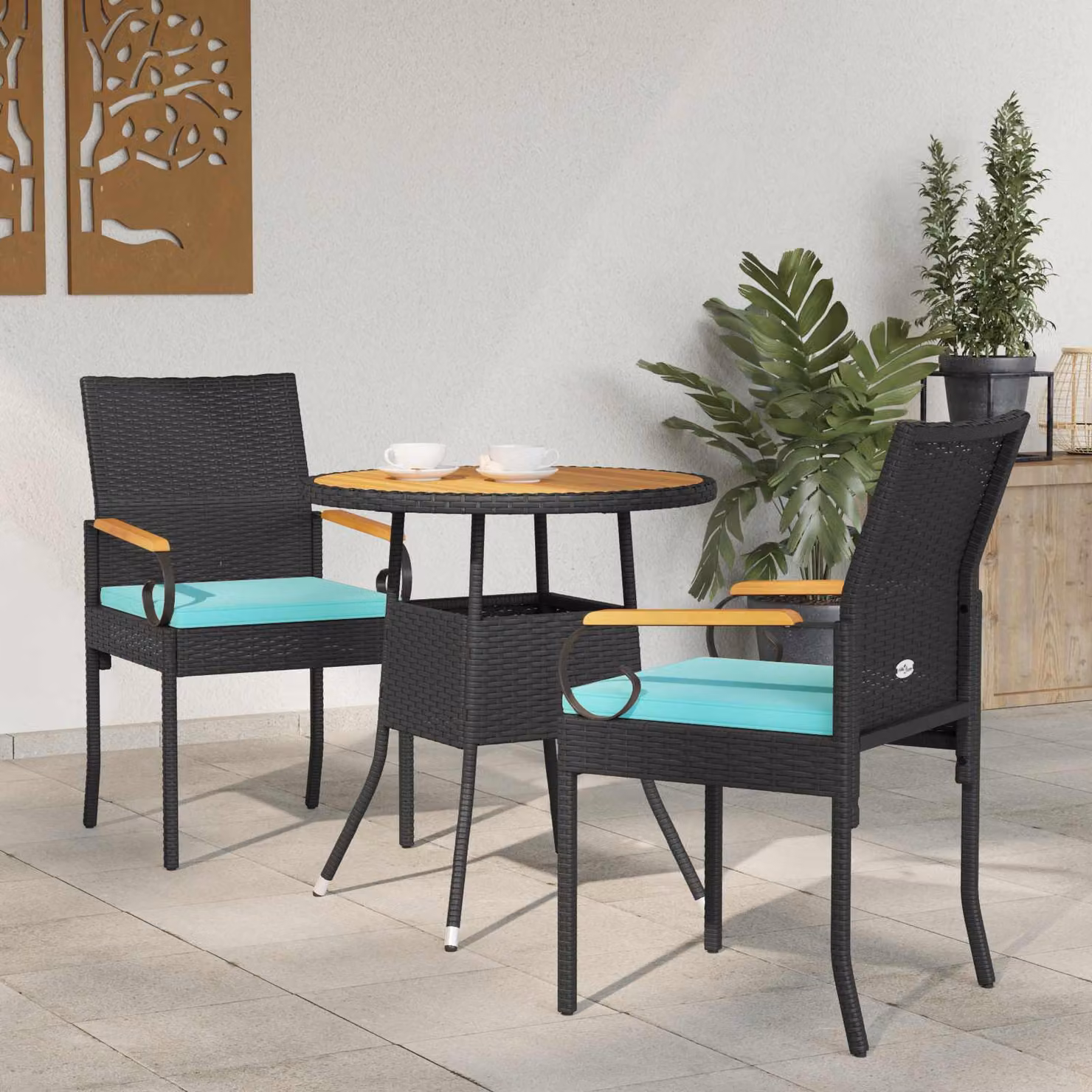 Set di 2 sedie da giardino vidaXL in polyrattan e legno di acacia con cuscini nero e turchese