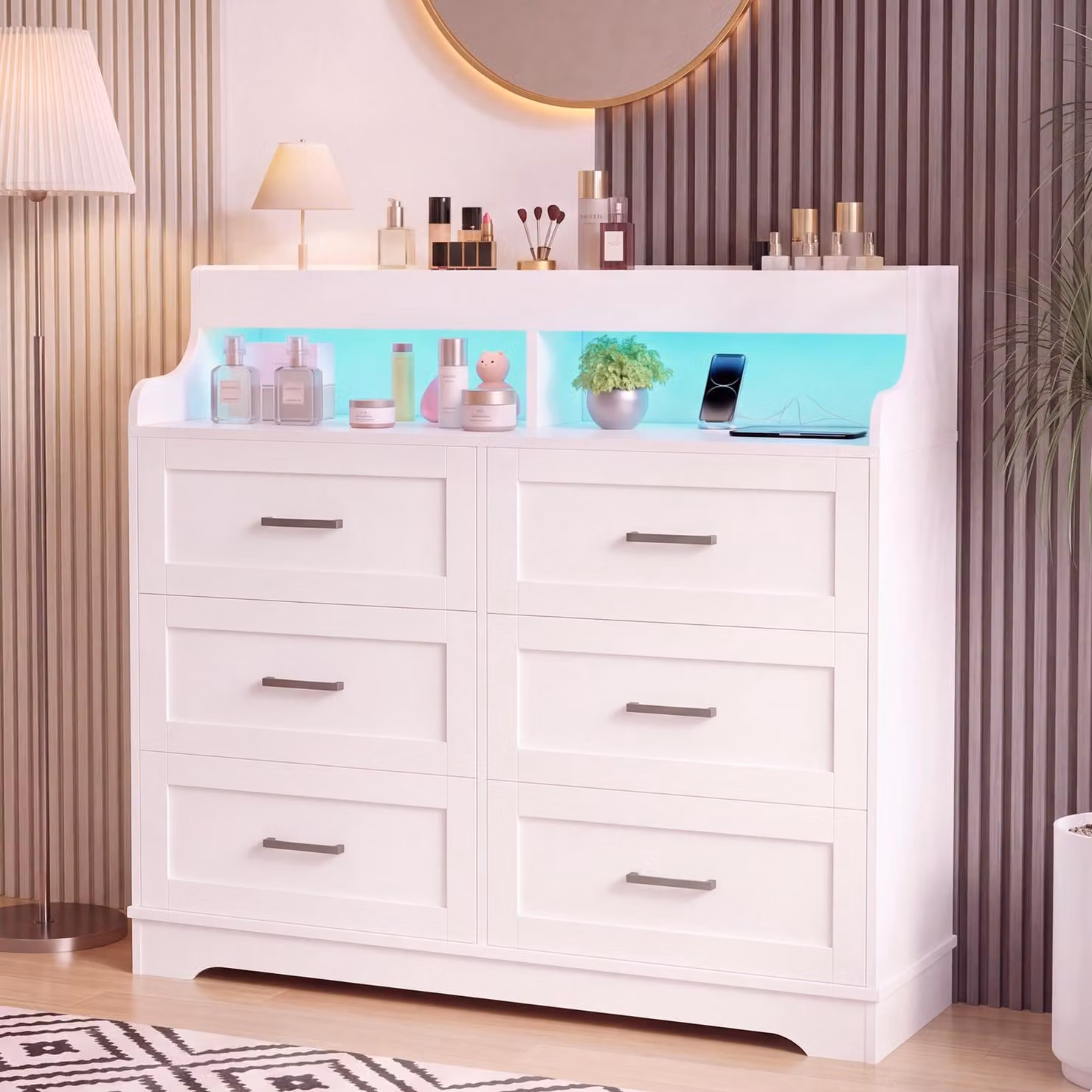REMZETTA, cassettiera bianca con 6 cassetti, illuminazione LED RGB, 2 prese di corrente e 2 porte USB, mobiletto portaoggetti per camera da letto e cameretta
