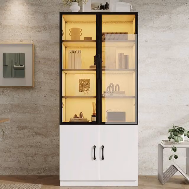 Vetrina con LED multicolore e 2 ante, ripiani espositivi e vano chiuso per soggiorno, bianca, 60 × 40 × 160 cm