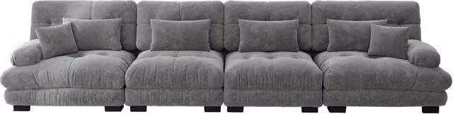 Divano angolare modulare 4 posti in chenille vintage grigio con seduta profonda, comodo e imbottito per soggiorno, appartamento o ufficio