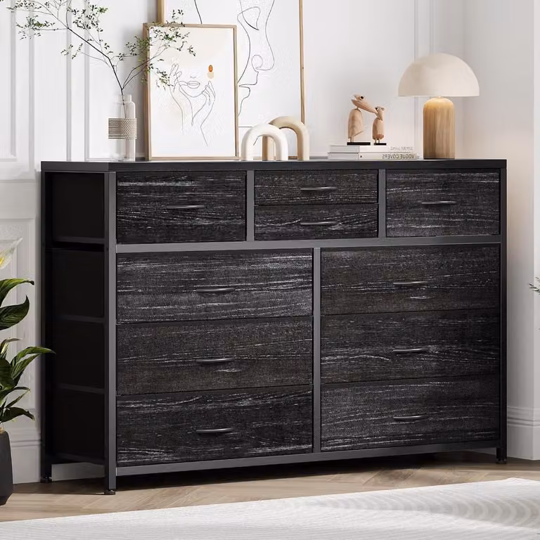 Comodino imbottito con 10 cassetti, struttura in acciaio, piano in legno, colore nero