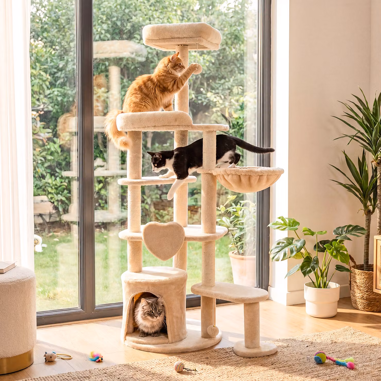 Albero tiragraffi Outsunny beige per gatti adulti e piccoli con 7 livelli, cuccia, amaca e pali in sisal, Altezza: 149 cm