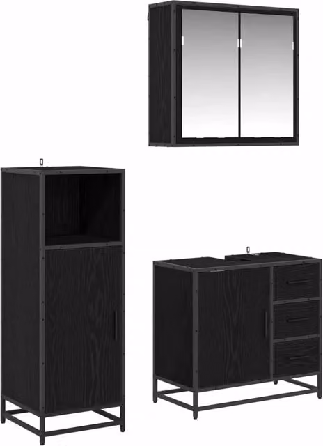 Set di mobili per il Bagno | Armadio da bagno 3 pz Rovere Nero Legno multistrato