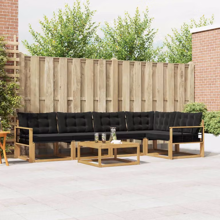 Set di divani da esterno vidaXL 6 pz in legno di acacia con tavolo da caffè e cuscini, design moderno a L, bianco, nero e marrone