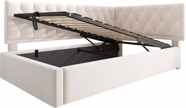 Letto imbottito beige 90x200 cm con contenitore idraulico e struttura in legno, senza materasso