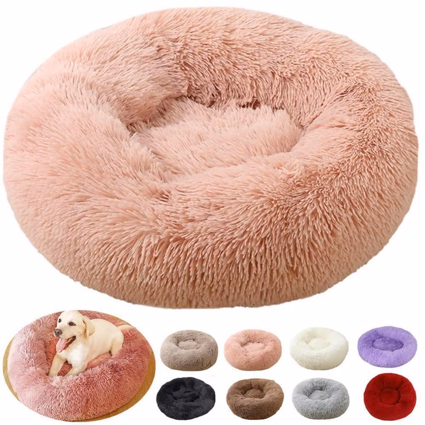 Cuccia per cani a forma di ciambella, rotonda, 90 cm di diametro, in pelle rosa, lavabile, morbida e antistress