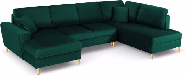 Divano panoramico convertibile Kyoto Cosmopolitan Design con contenitore, 7 posti, velluto verde bottiglia e oro, L 313 x P 194 x H 88 cm – 1