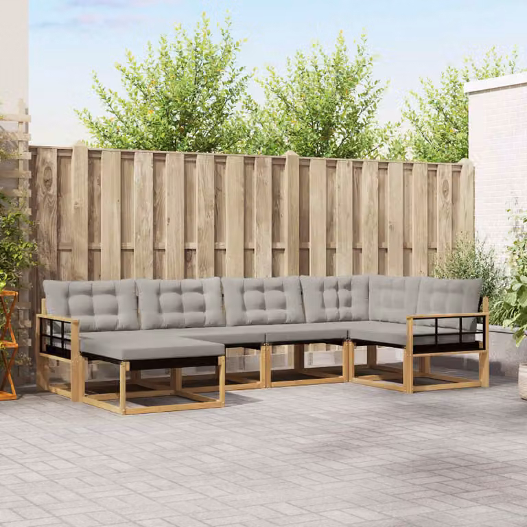 Set di divani da esterno vidaXL a forma di L composto da 6 pezzi in legno di acacia con cuscini in tessuto bianco e grigio