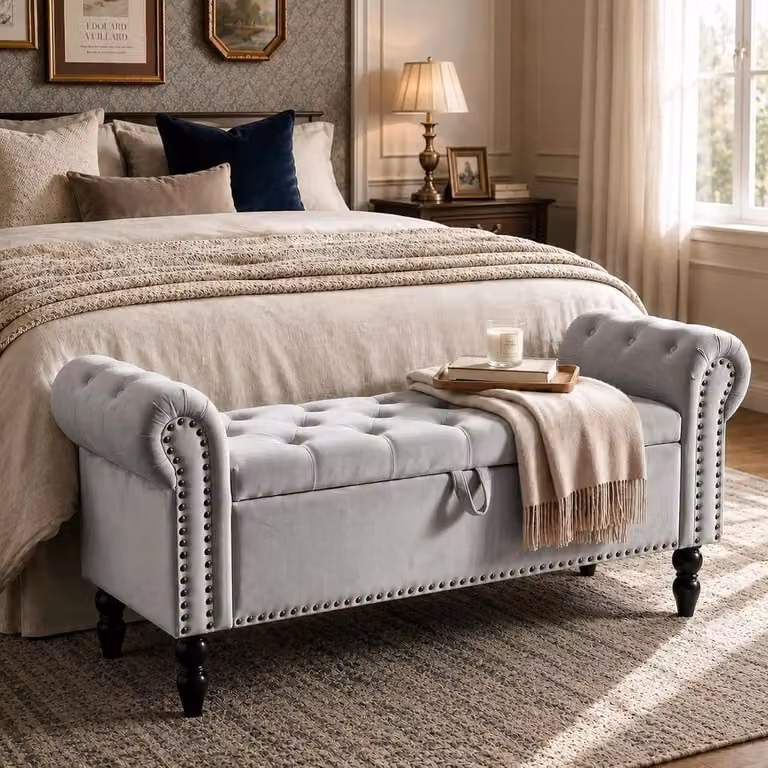 Panca contenitore - Panca imbottita in velluto per il letto con spazio contenitivo nascosto - 133 x 53 x 46 cm - Imbottita - Struttura in legno - Grigia