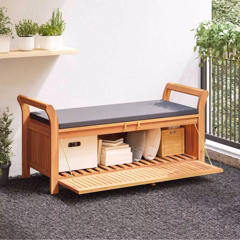 Panca portaoggetti da giardino vidaXL in legno di acacia con cuscini, L: 126 cm