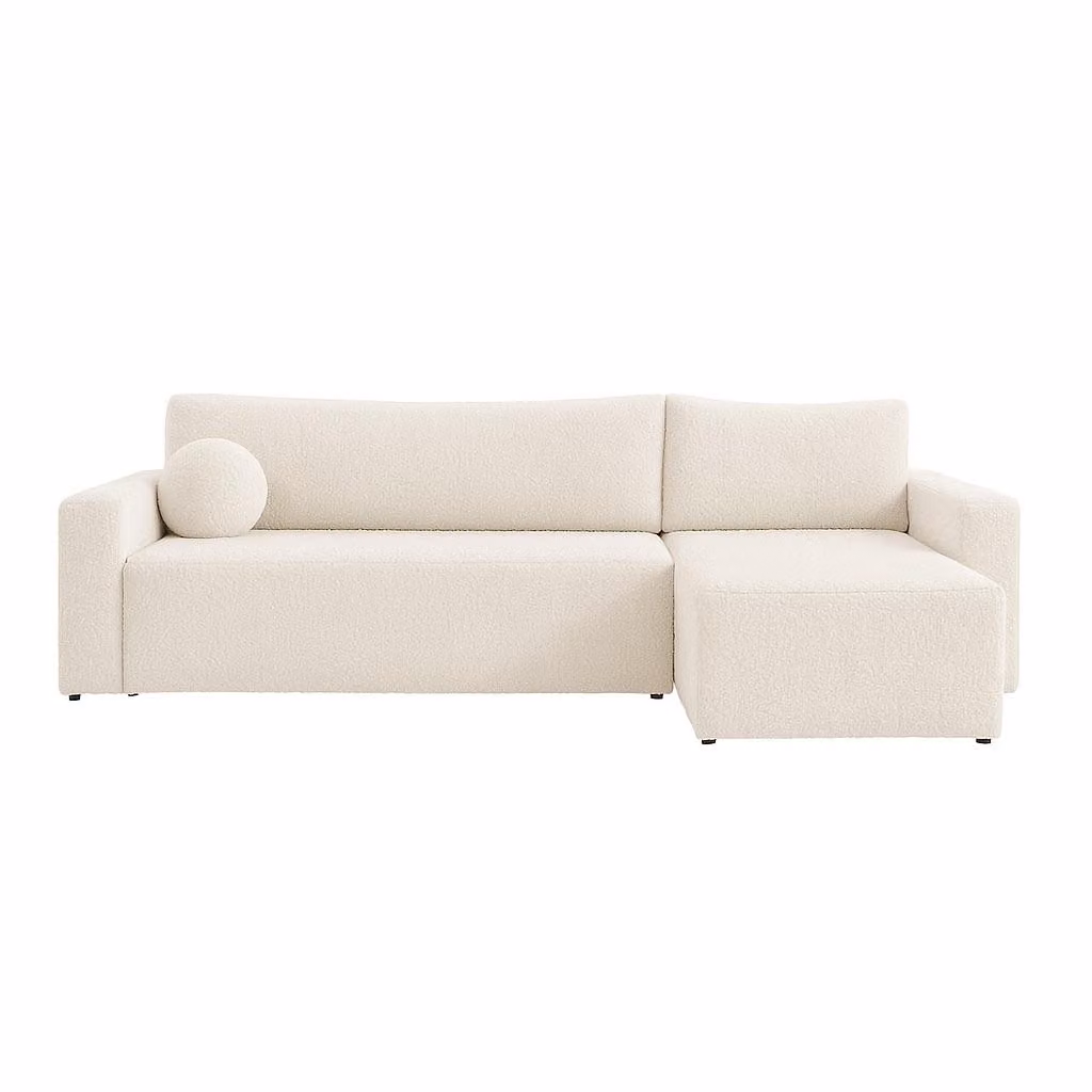 Il divano ad angolo BELLA di Sofello, realizzato in bouclé, unisce un design elegante alla funzionalità. Dotato di funzione letto e ampio contenitore, cuscini rotondi in omaggio, superficie di riposo: 191–200