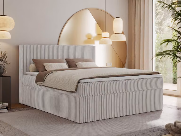 Letto continentale Tiliano 160x200 con contenitore, materasso H3 multi-cup, Topper T25, grigio chiaro - tessuto a coste