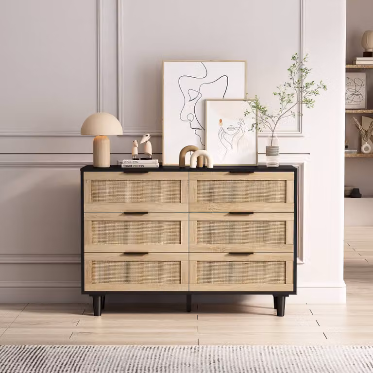 Cassettiera AIORBER, rattan, 6 cassetti, stile rustico antico, molto spazio, credenza, adatta per camera da letto, soggiorno, 110x40x75cm, colore naturale