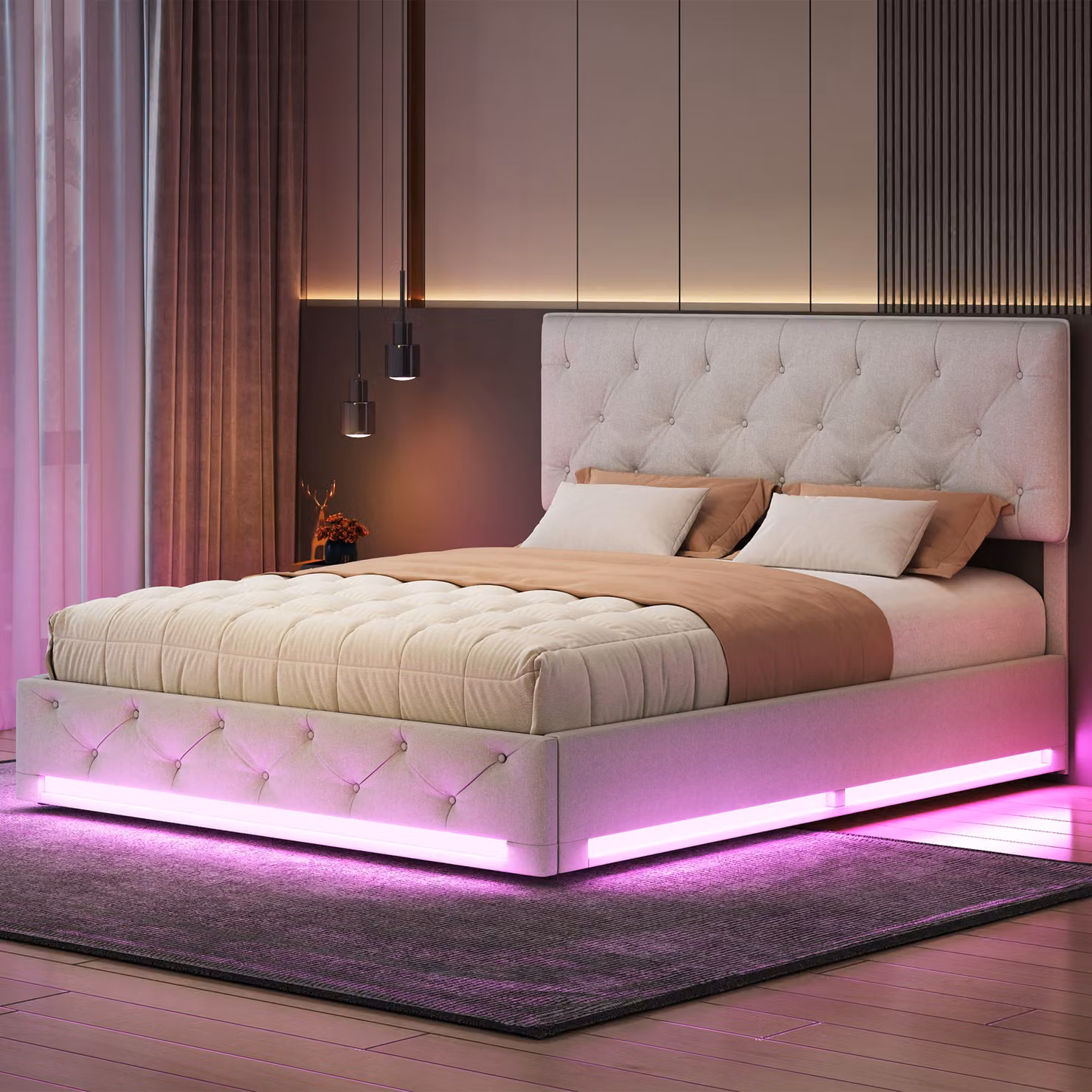 Letto imbottito 160x200cm, letto contenitore con LED, letto matrimoniale con rete a doghe e contenitore, letto funzionale, letto per ragazzi, PU