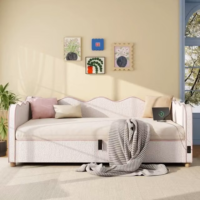 Divano letto 90x200 cm, con vano portaoggetti, presa USB, imbottitura morbida, beige e rosa
