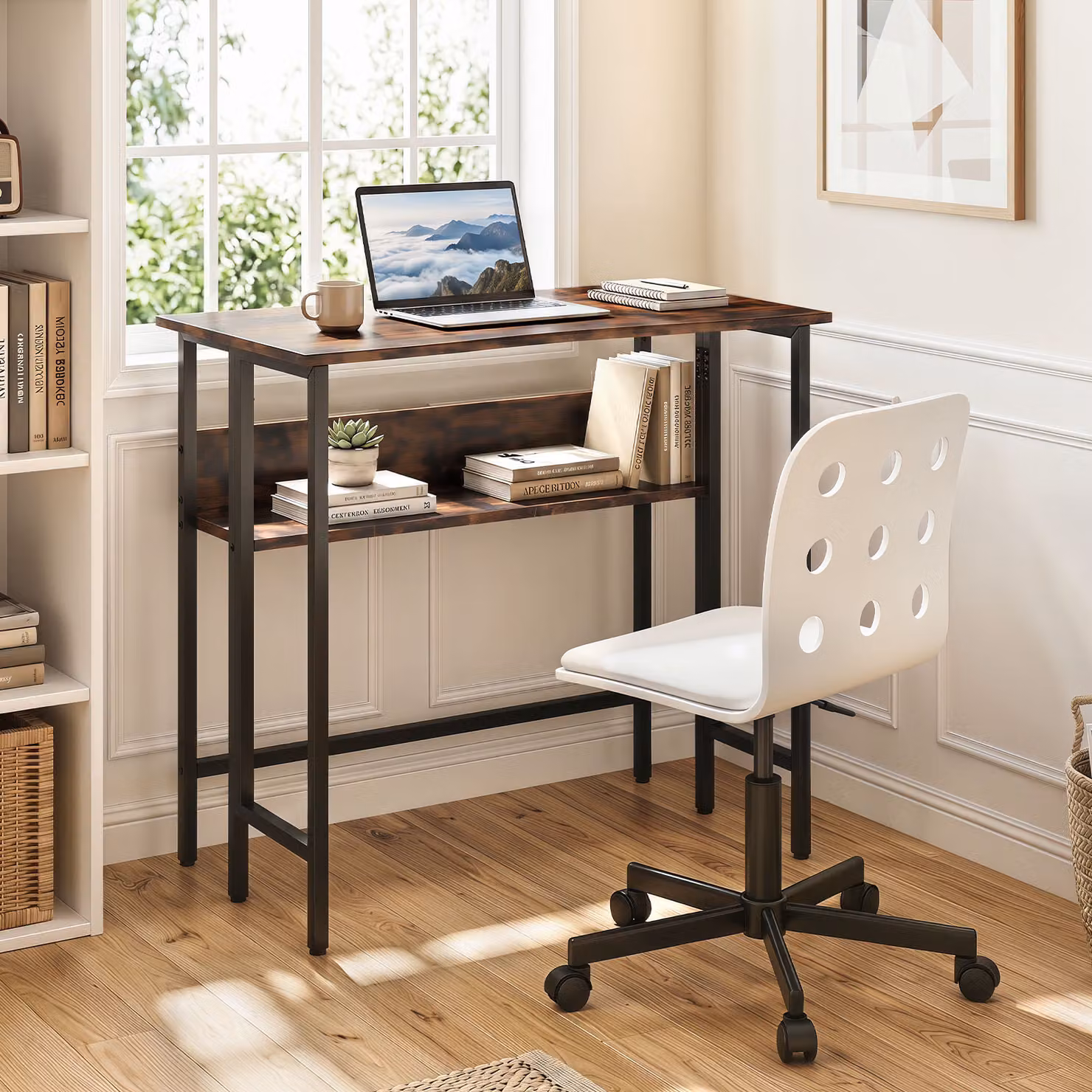 Scrivania da computer pieghevole Costway con ripiano in legno e struttura in metallo, postazione di lavoro salvaspazio moderna colore marrone