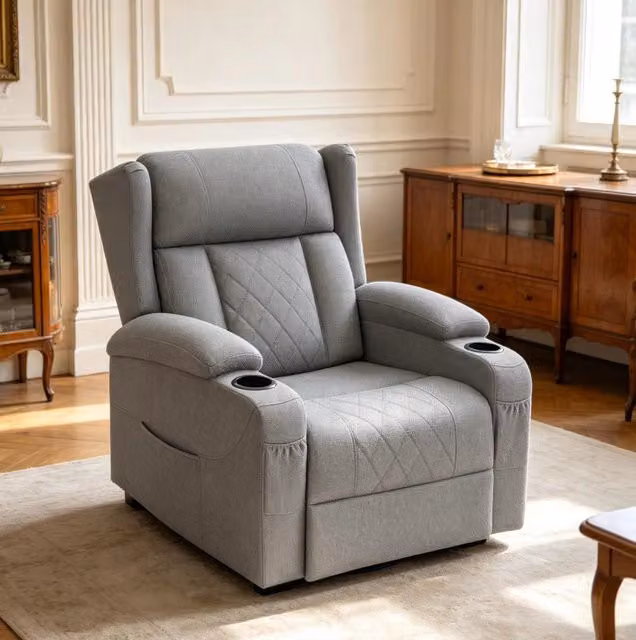 Poltrona relax 87x94.5x103.5 cm con schienale regolabile e poggiapiedi in tessuto grigio